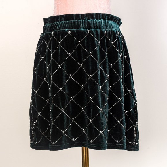 NWT Endless Rose Womens Beaded Velvet A-Line Skirt  L  - GREEN! - Picture 1 of 4